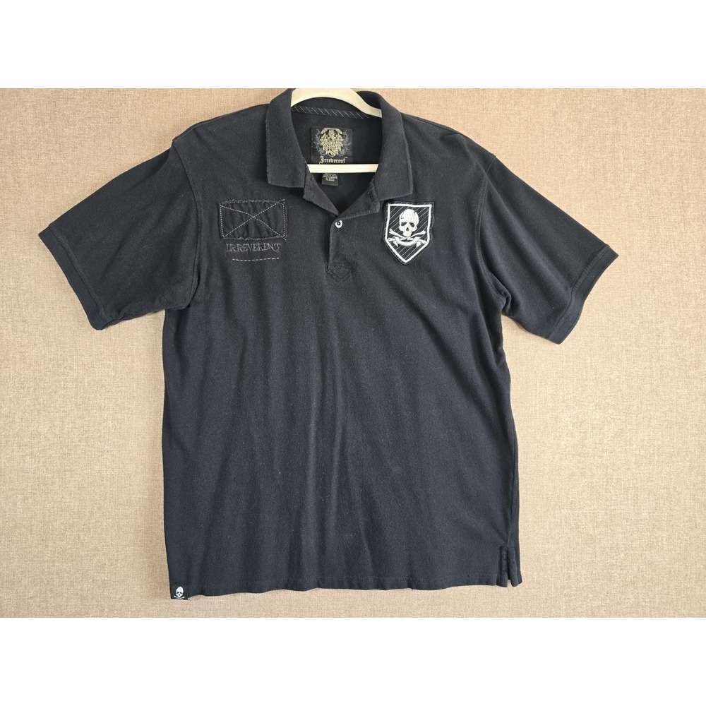 Irreverent Mens Black Cotton Skull Crossbones Patch Polo Shirt Large Distressed